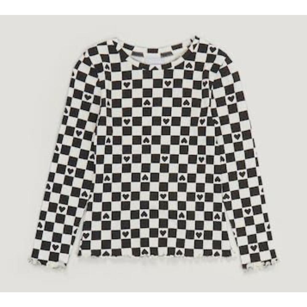 Zara Girls Black & White Checkered Long Sleeve Top - Size 9